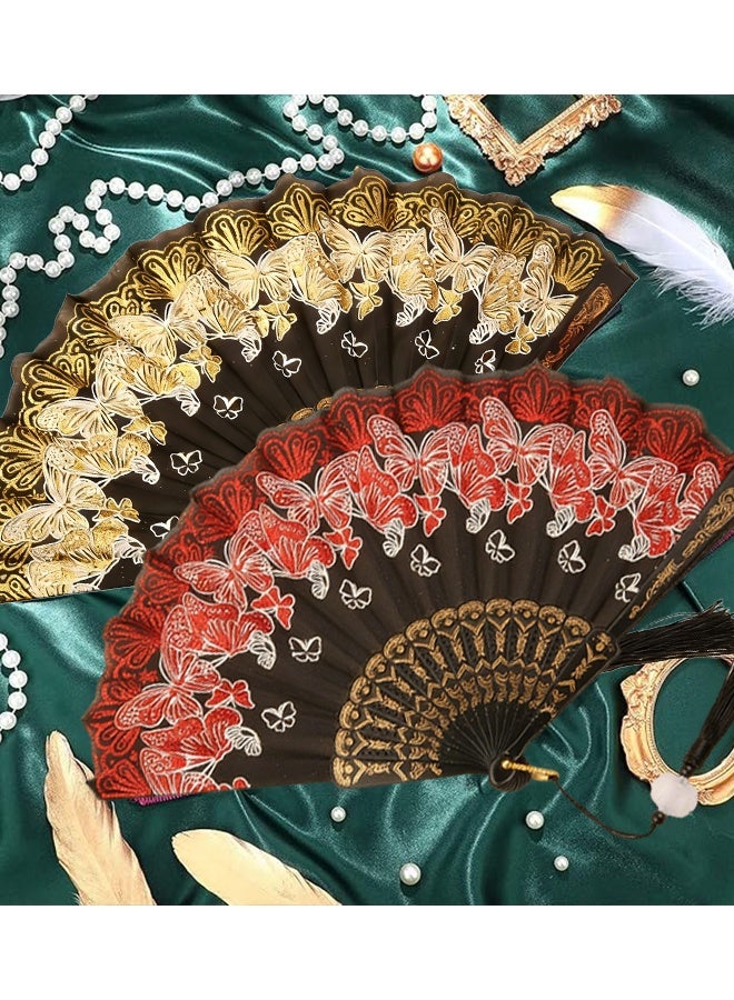 هابي دي مجموعة مروحتين إسبانيتين، مراوح يدوية قابلة للطي، مناسبة لأزياء رقص العشرينيات، هدايا فلامنكو إسبانية، دعائم تصوير، حفلات، زخارف (أحمر، ذهبي) - Image 5